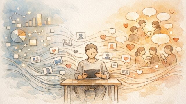 SNS拡散される記事を左右するアルゴリズムと人のシェア行動のバランスを描いたイラスト