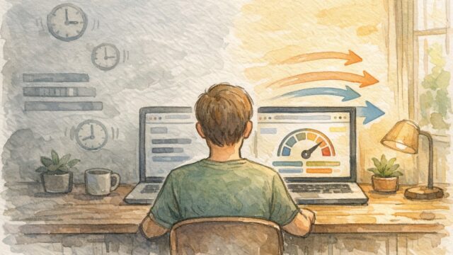 WP Rocket 爆速化 効果を期待しつつ、導入前のサイト速度改善イメージを描いたイラスト