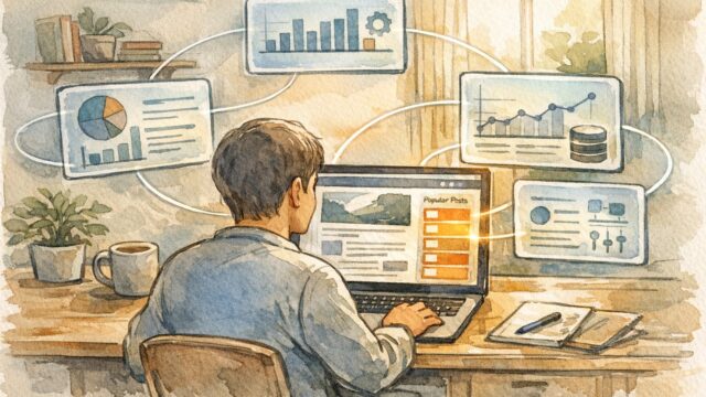 WordPress 人気記事プラグイン 比較を検討するデスク周り、複数プラグイン候補を整理する様子