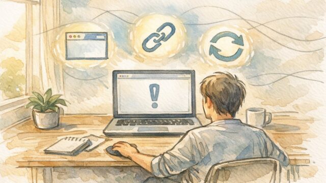 WordPress ログインできない 404 時、落ち着いて基本チェックを進める様子の手描きイラスト
