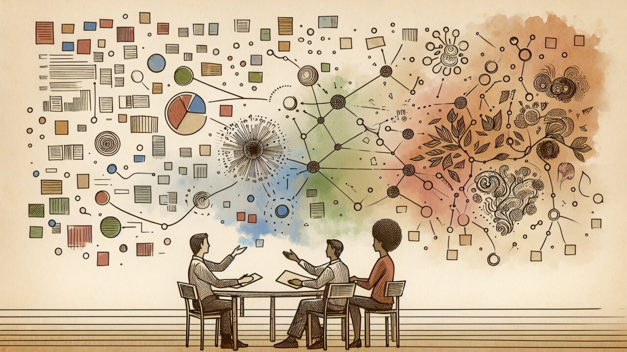 散らばったメモが整理される様子と人物を描いた、キーワードマップ 作り方の全体像イメージ