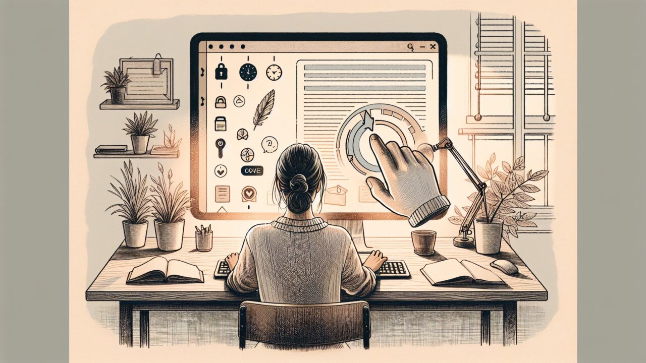 穏やかな執筆環境でWP 自動保存 停止を迷うブロガーの静かな葛藤を象徴的に描写