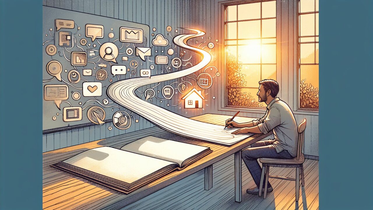 デジタル施策の選択肢に囲まれながら、オウンドメディア 立ち上げを冷静に検討する人物