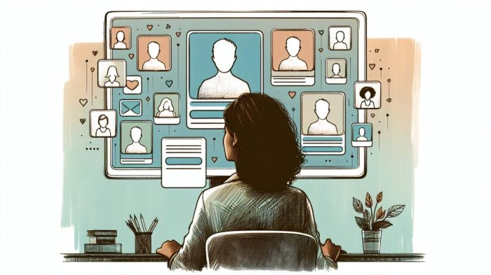 統一感あるプロフィール画像群を見つめる人物, AI アイコン 作成による信頼感と認知向上