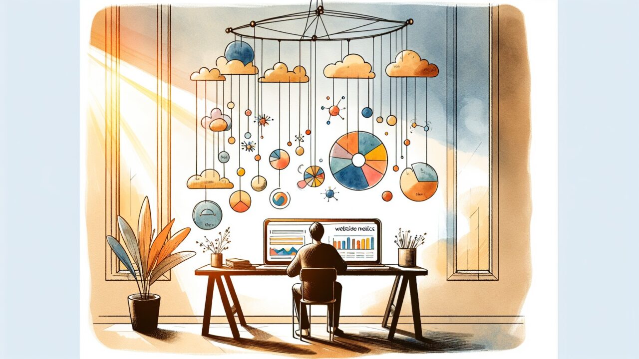 デスクで指標のバランスを考えるビジネスパーソン、滞在時間 延ばすため他指標との調和を表現