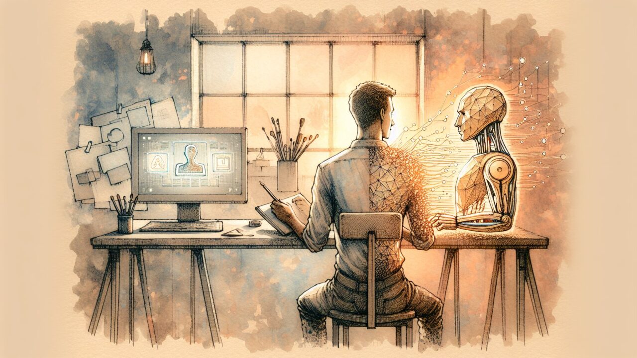 AI イラストレーター 仕事 影響を静かな制作スタジオで人とAIの共存として描いた水彩イラスト