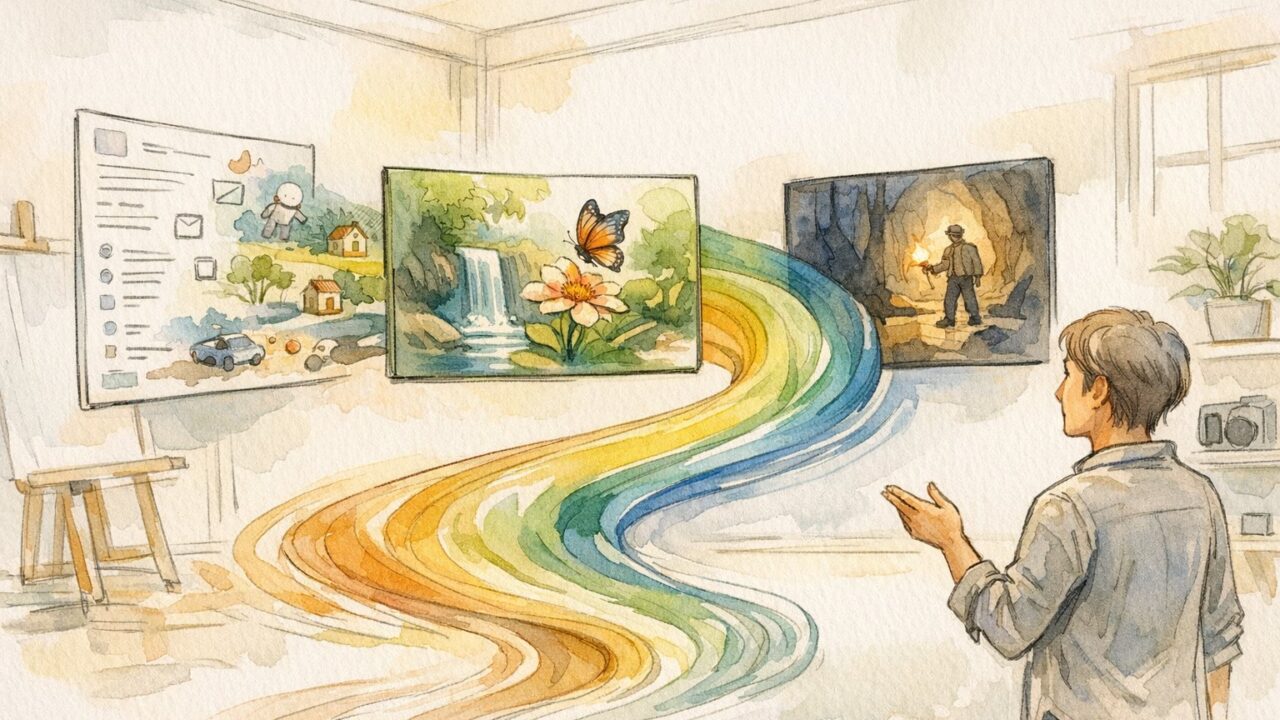 Runway Gen-2 使い方の基本機能で、テキストや画像、動画が一つの映像ストーリーに統合される様子