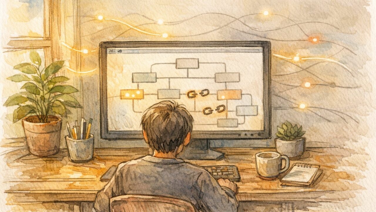 Broken Link Checker リンク切れ通知を見守るデスクワーク風景、静かな監視と人の目のバランス