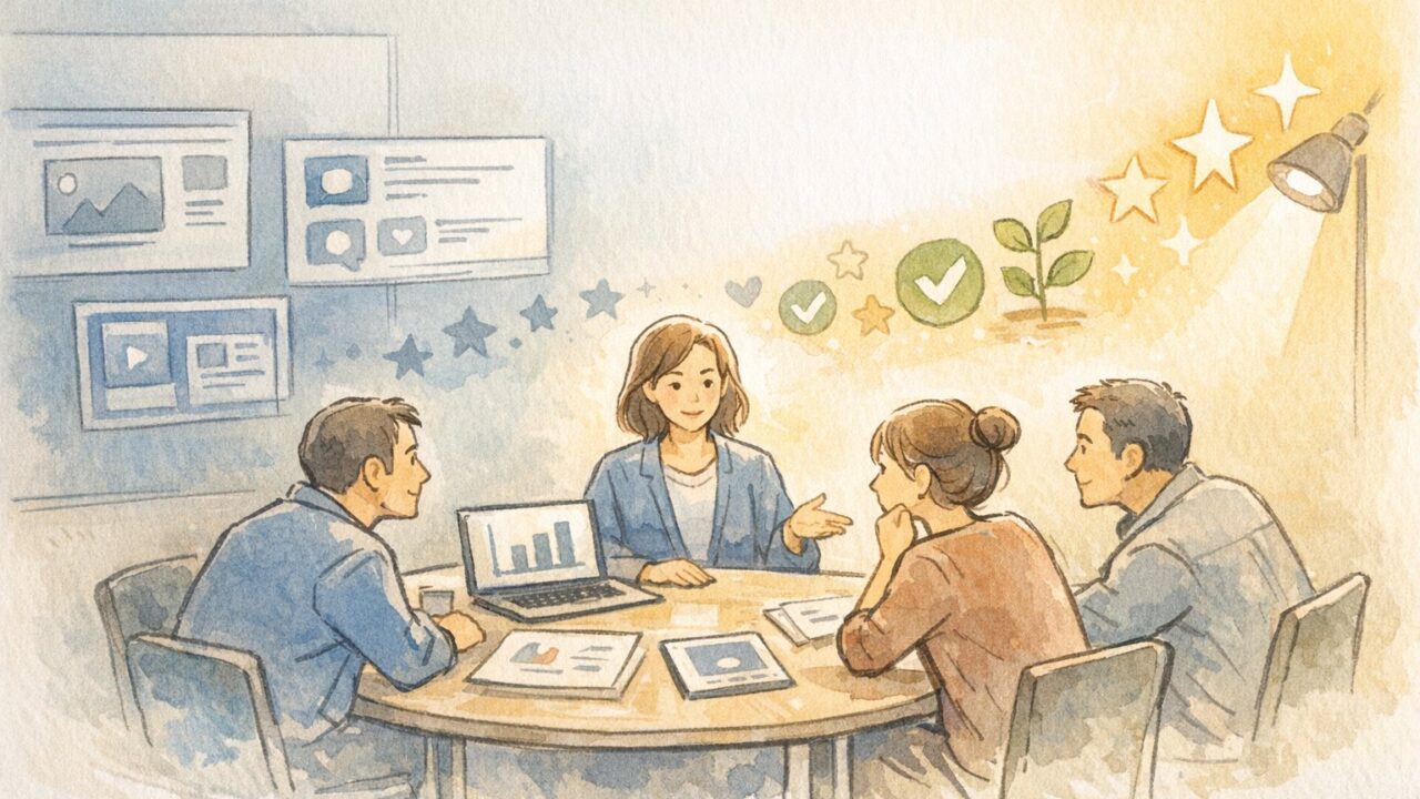 マーケティングでの権威性 出し方、落ち着いた信頼感で意思決定を導く会議シーン