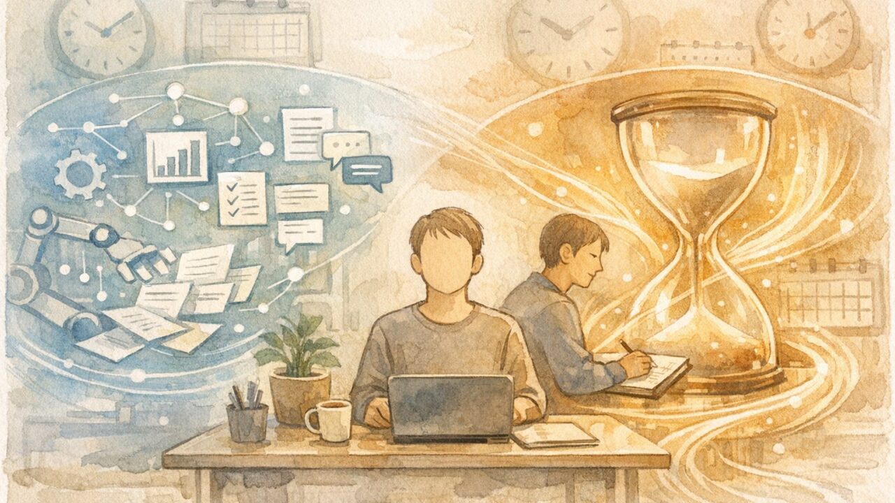 AI 業務効率化 事例として、定型業務をAIが処理し人が創造的業務に集中する様子