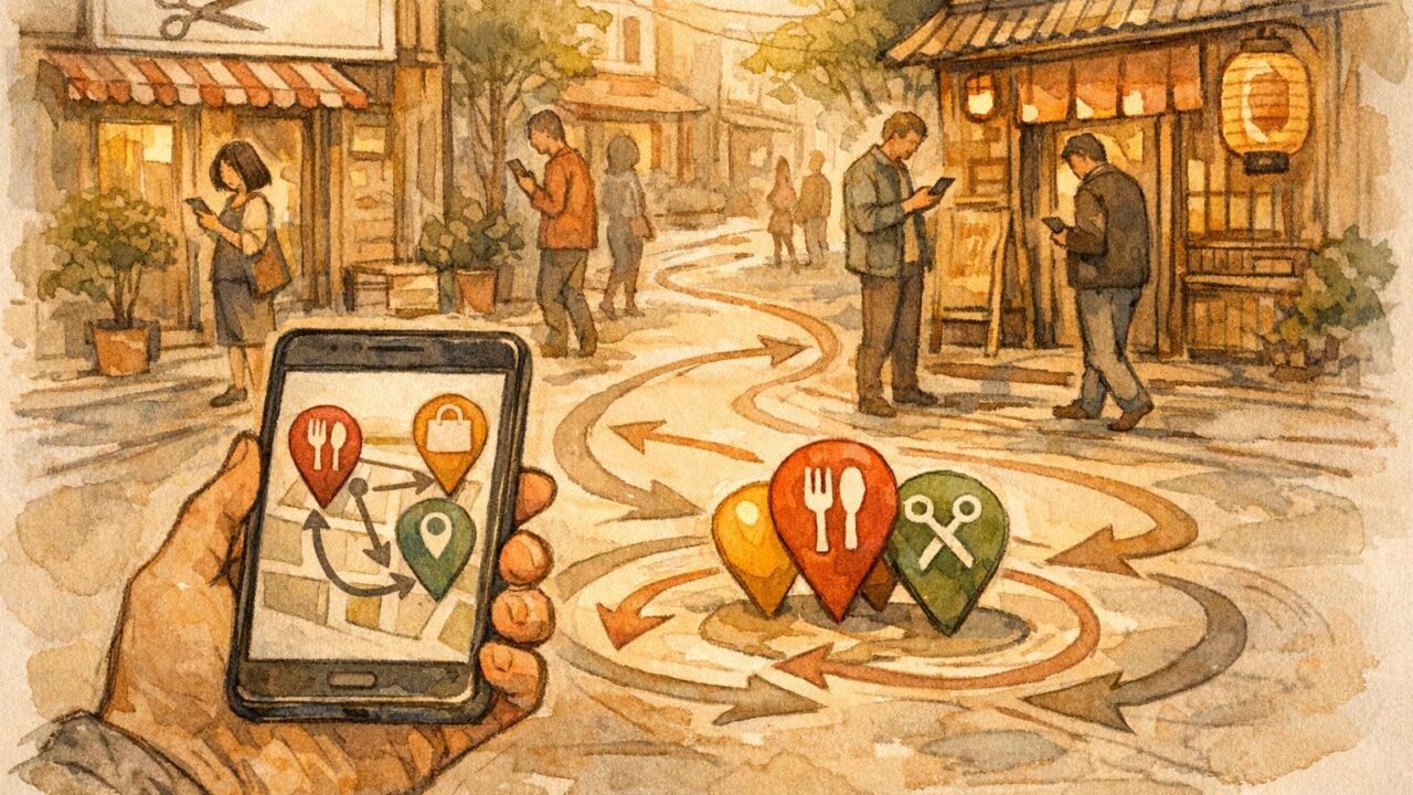 夕方の商店街でスマホを見て店を比較する人々、ローカルSEO 記事作成のイメージ
