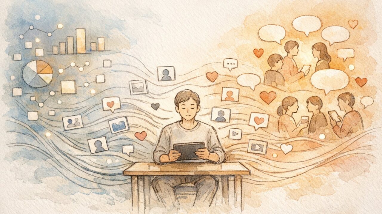 SNS拡散される記事を左右するアルゴリズムと人のシェア行動のバランスを描いたイラスト