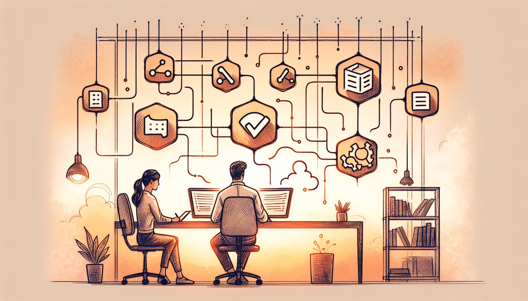 穏やかなワークスペースでデータ設計とAI ツール API 連携が滑らかに繋がる様子