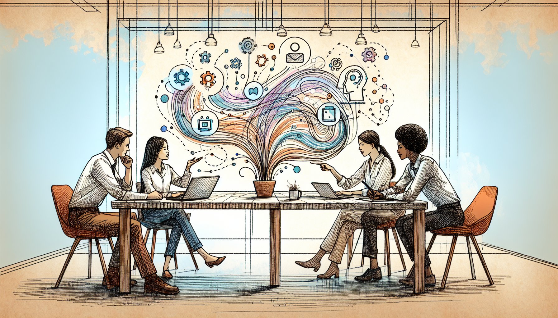 チームがAI ツール API 連携を穏やかに学び共有理解を深める様子