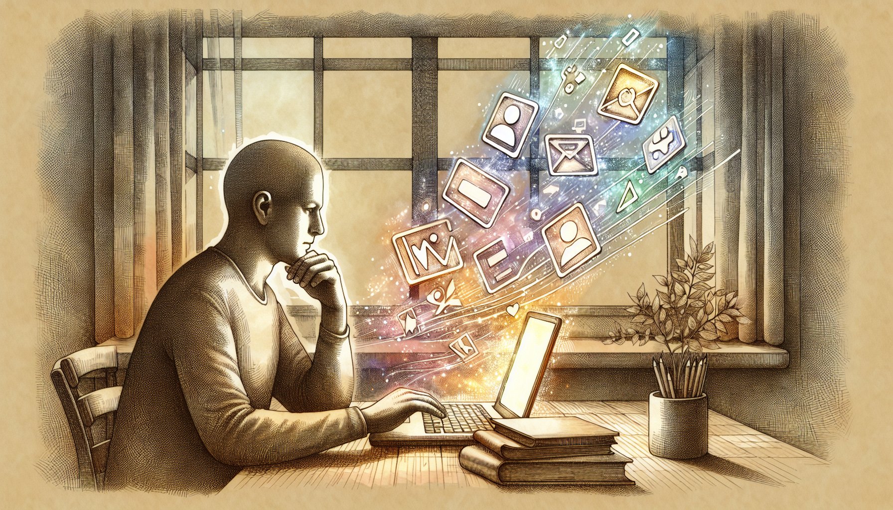 ブラウザ拡張機能 AI おすすめを慎重に選ぶ、人とAIの距離感を描いたデスクワークイラスト