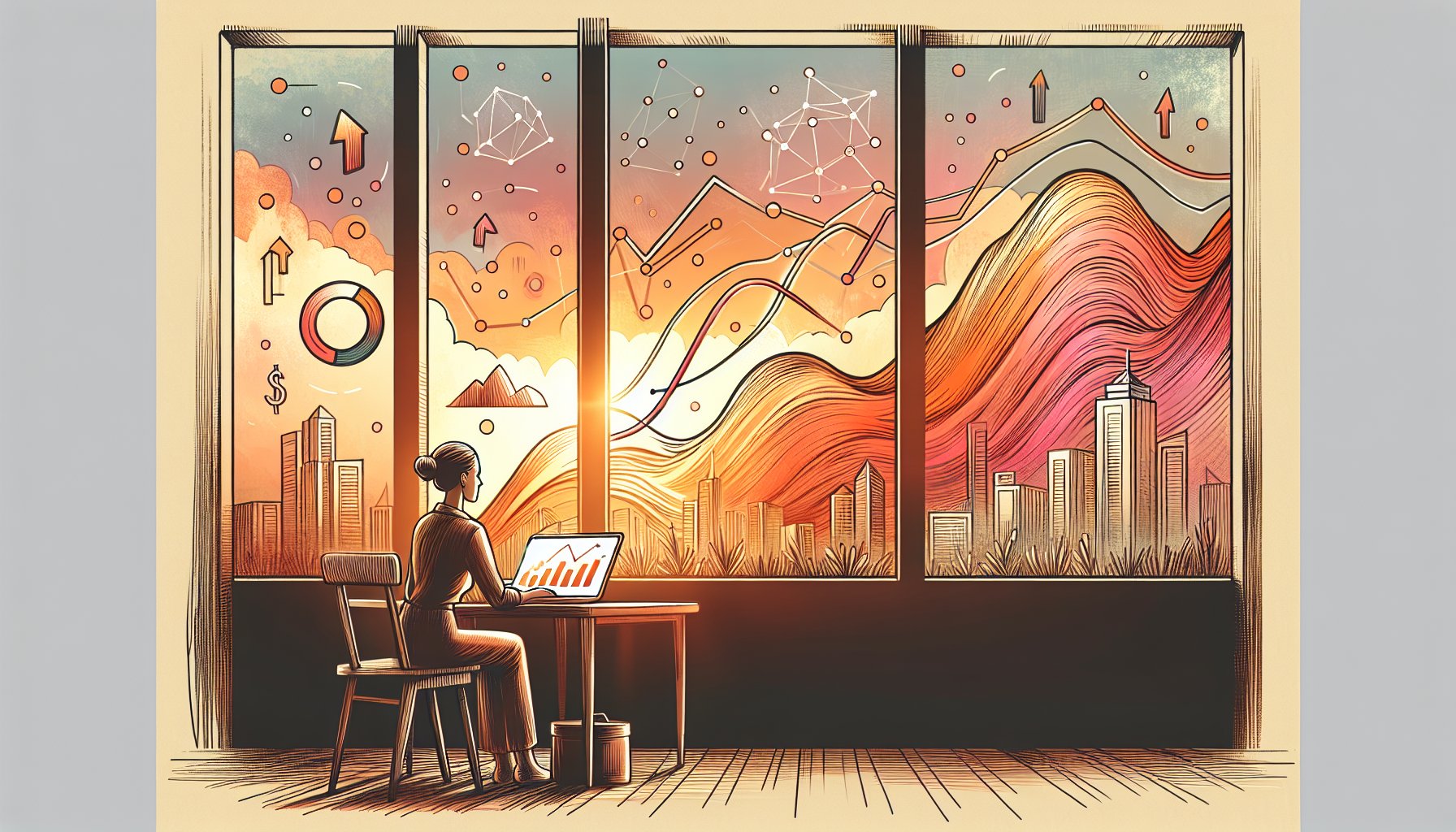 検索順位 変動 理由を俯瞰するビジネスパーソンと街並みの変化を描いた抽象イラスト