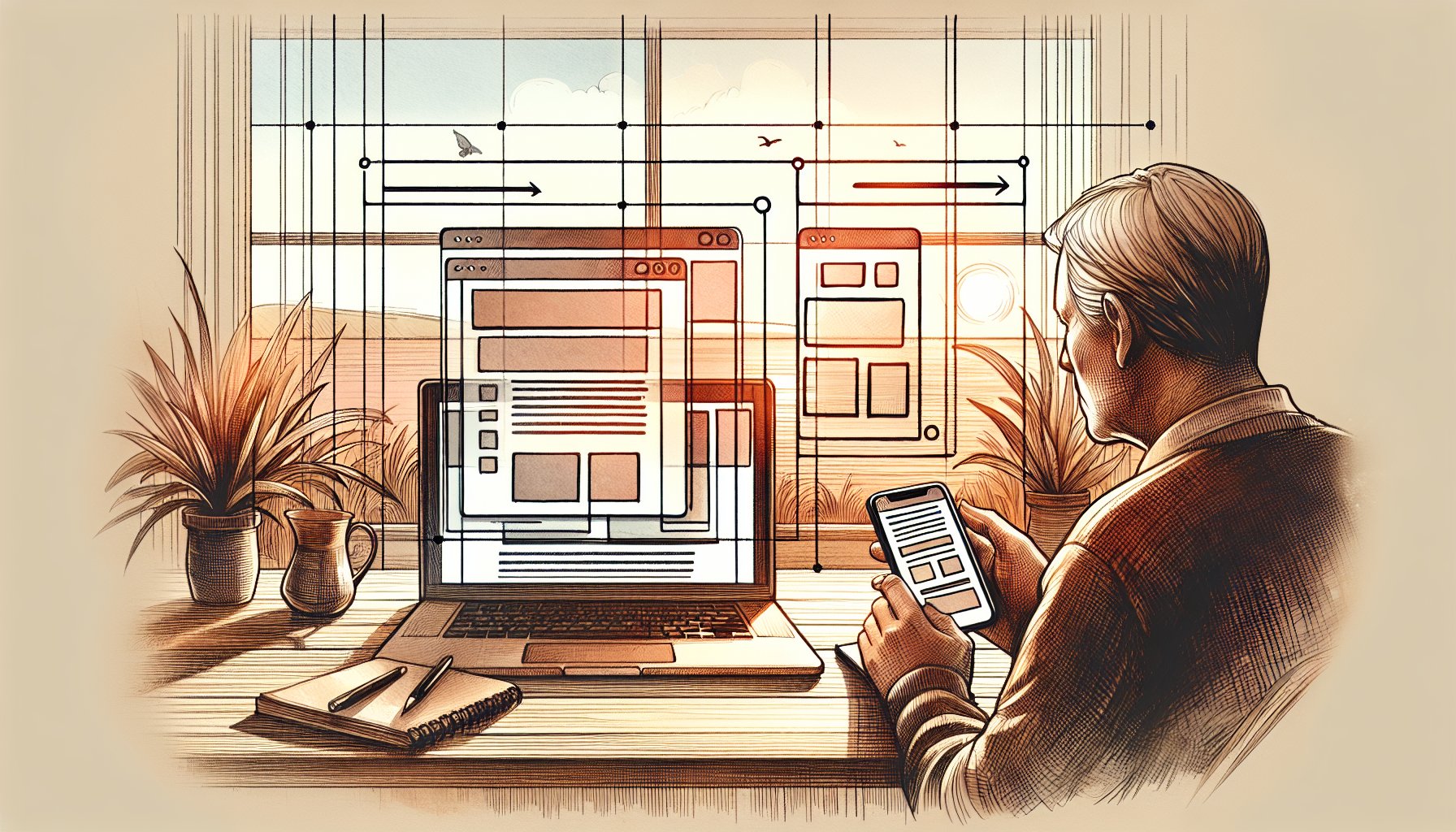 WP スマホだけ 非表示をイメージした、PCとスマホ画面のレスポンシブ調整イラスト