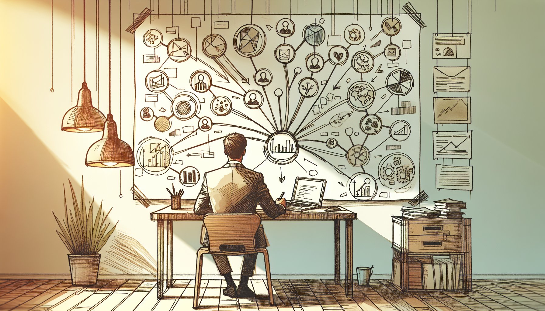 キーワードマップ 作り方を意識し重要な枝だけ選ぶ様子、余計な案を整理したデスク周り