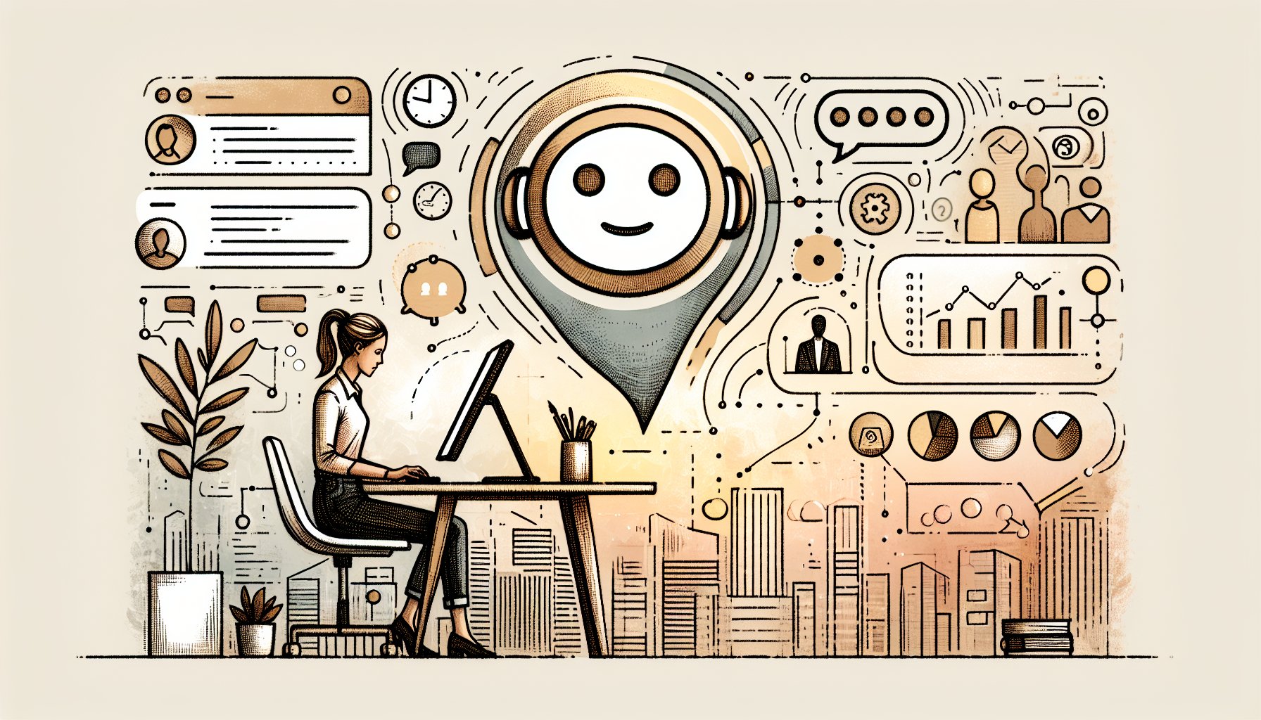 LINE で ChatGPT 使うことで顧客と企業が穏やかに対話する様子を描いたイラスト