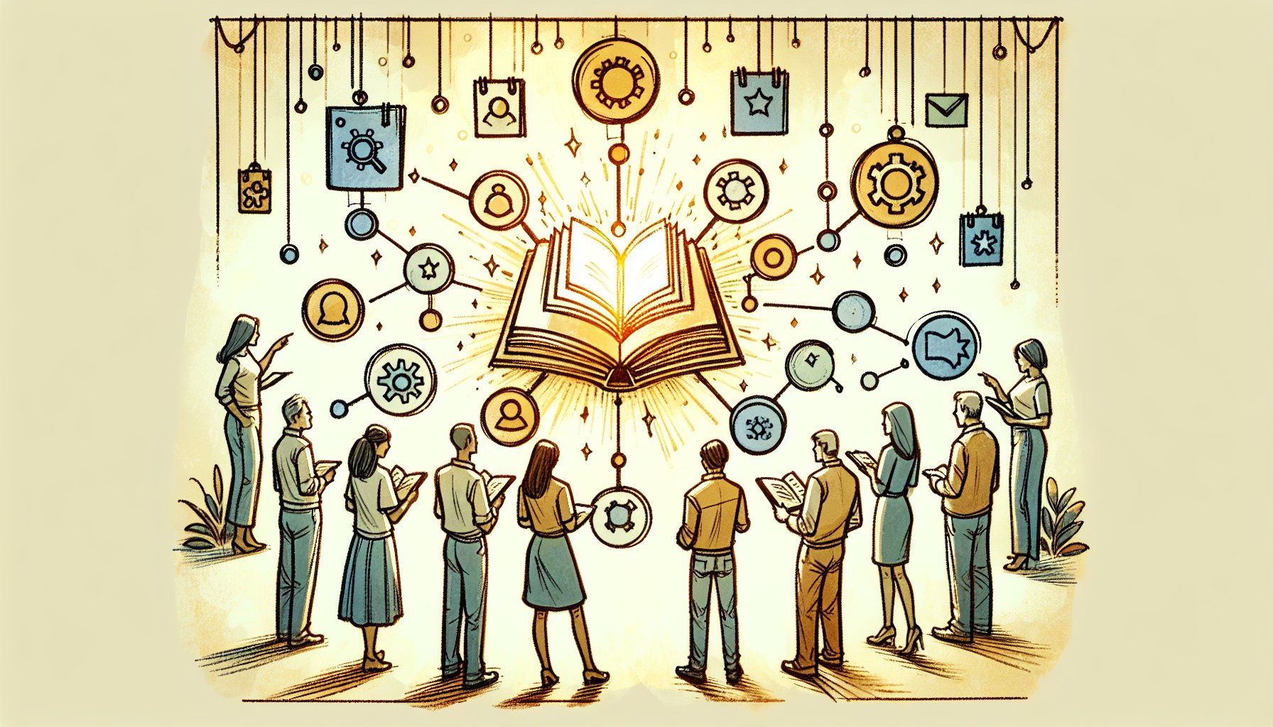 トピッククラスター モデルの構造を象徴的に示すノートとカードを囲む人々のイラスト