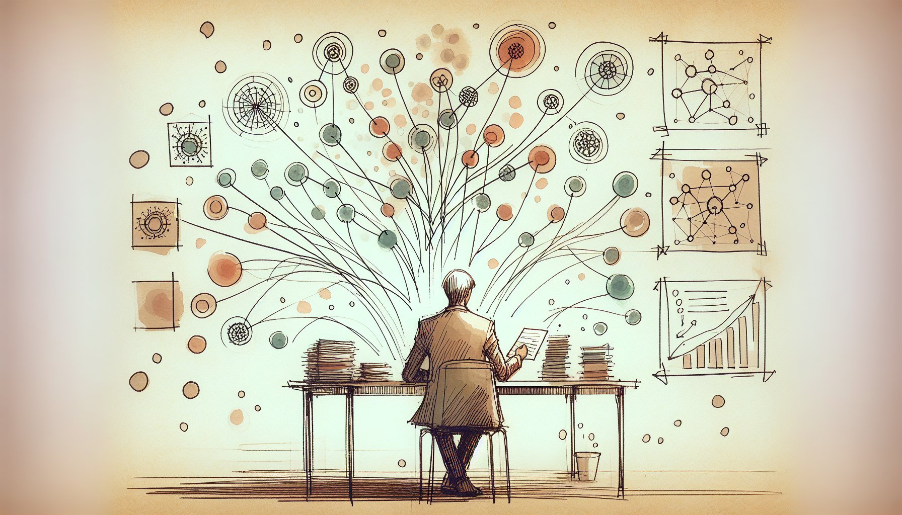 トピッククラスター モデルの構造化を示すイラスト、中央の柱コンテンツから関連トピックが分岐する様子