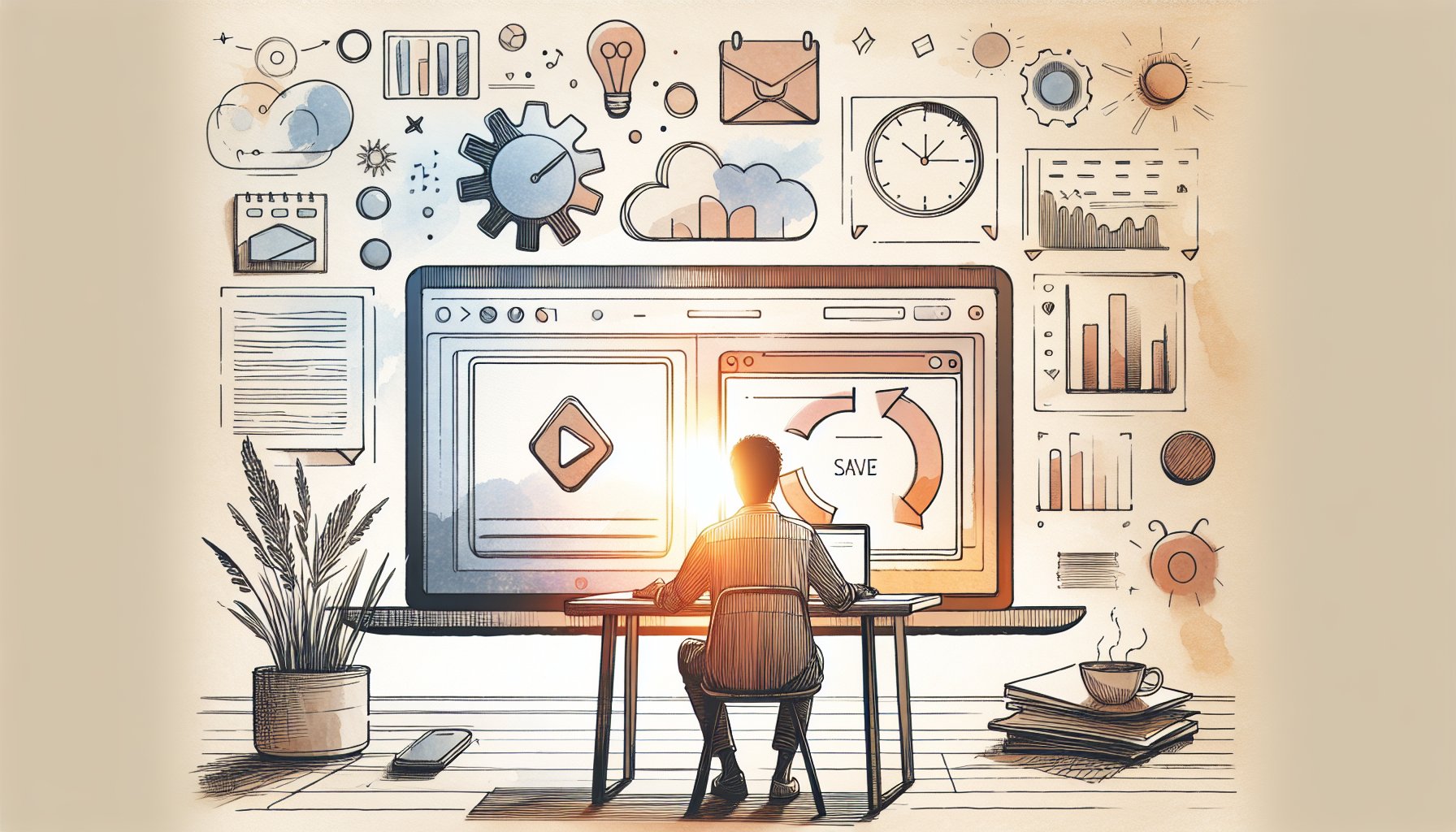 WP 自動保存 停止を検討する編集画面と穏やかなワークスペースのイラスト