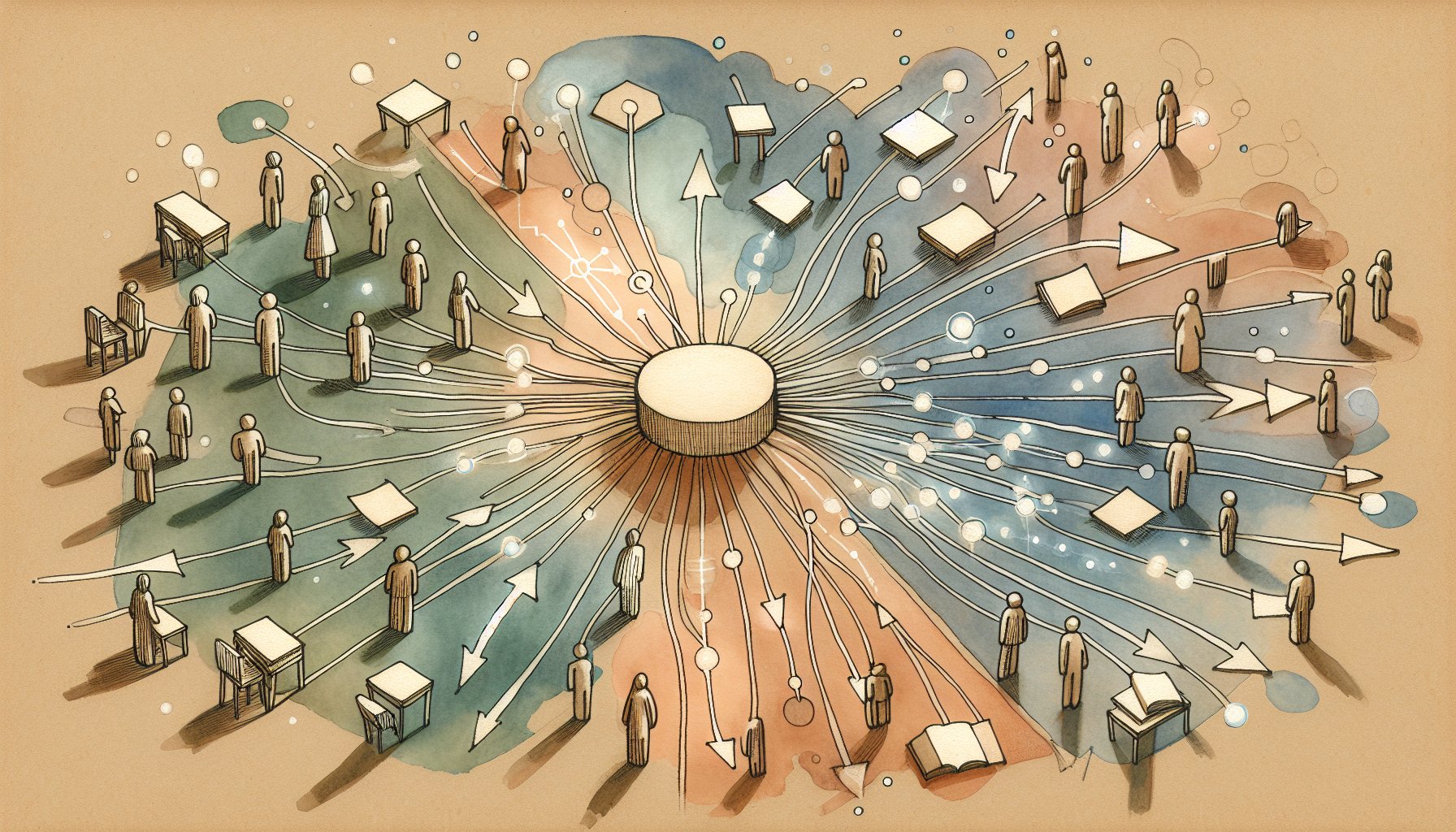 ピラーページ 作り方を象徴する中心ハブと分岐する内部リンク導線のイラスト