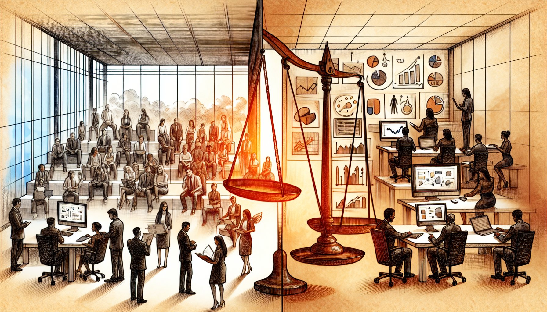 コンテンツマーケティング 成功事例を大企業と小規模ビジネスの対比で描いたイラスト