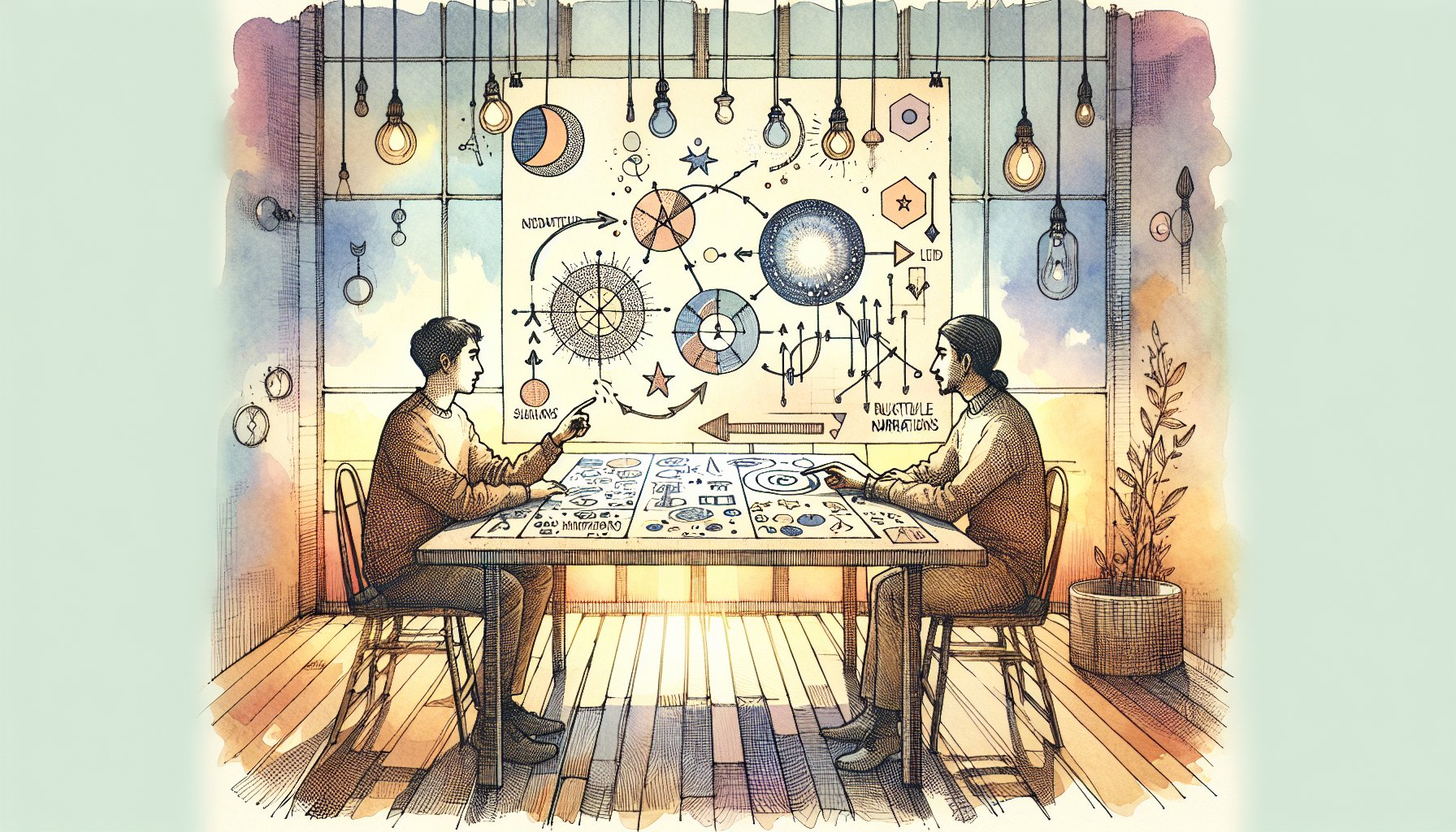 コンテンツマーケティング 成功事例の成果と限界を俯瞰し戦略を議論する二人のイラスト