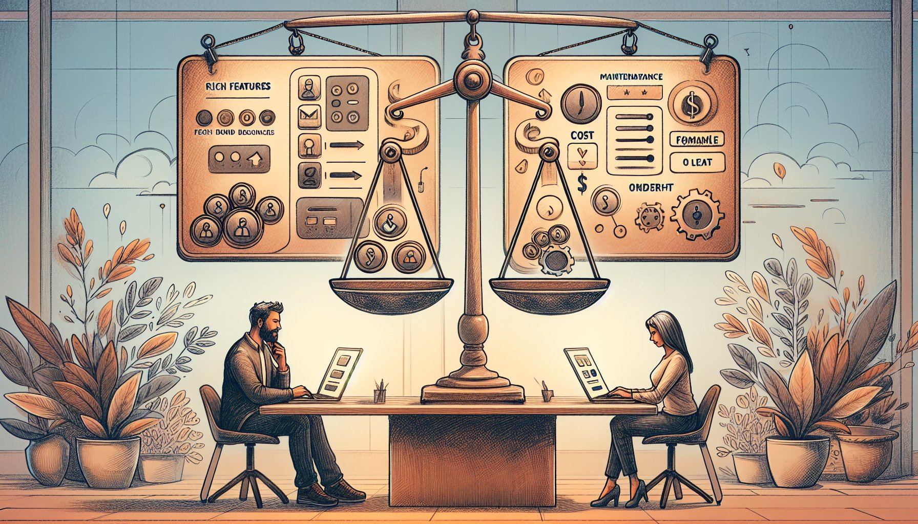 WPForms 評判 比較の軸を示すワークスペースで機能と価格と工数を検討する様子