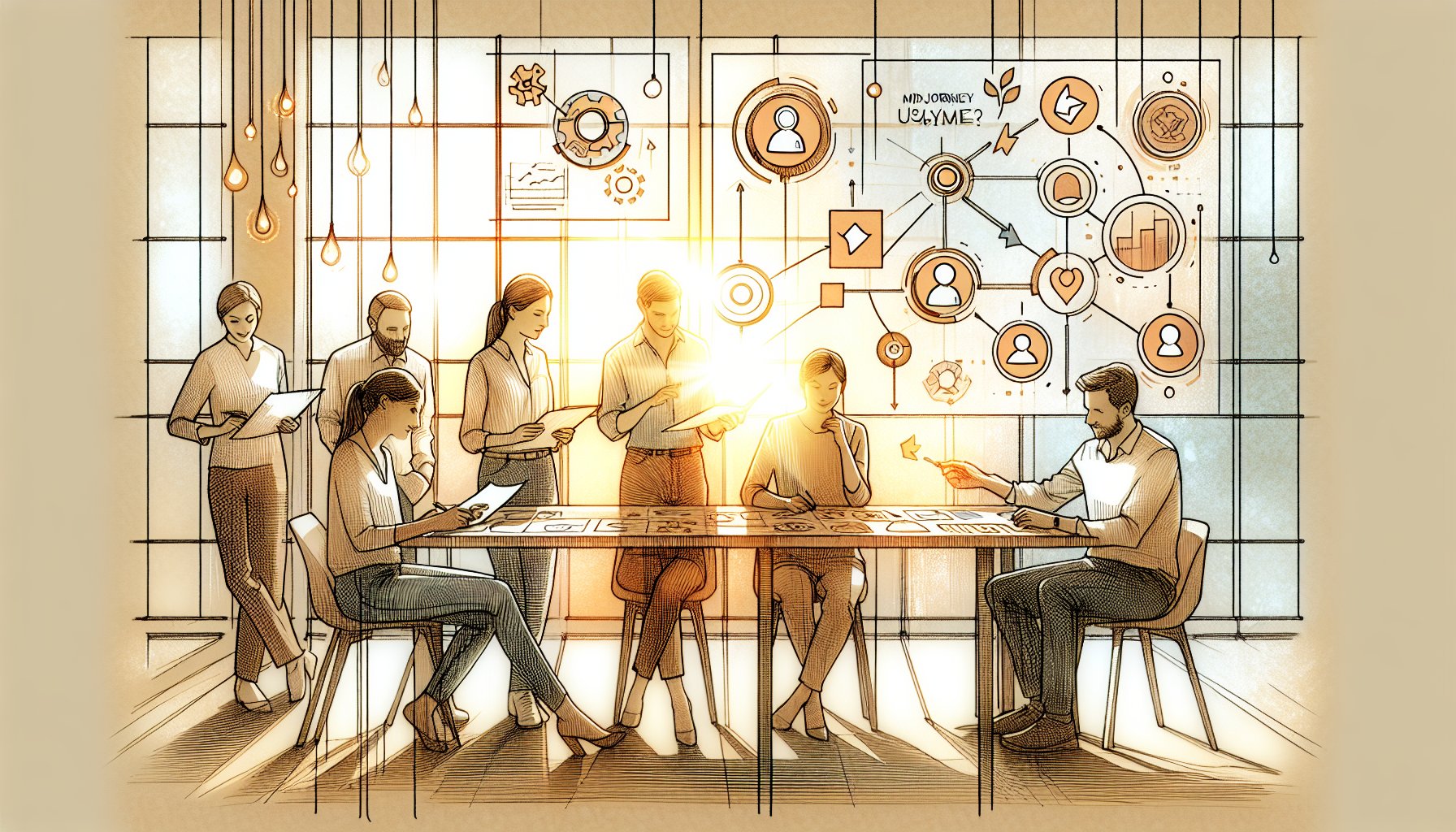 穏やかなオフィスでチームがMidjourney 使い方を議論し業務フローへ統合する様子