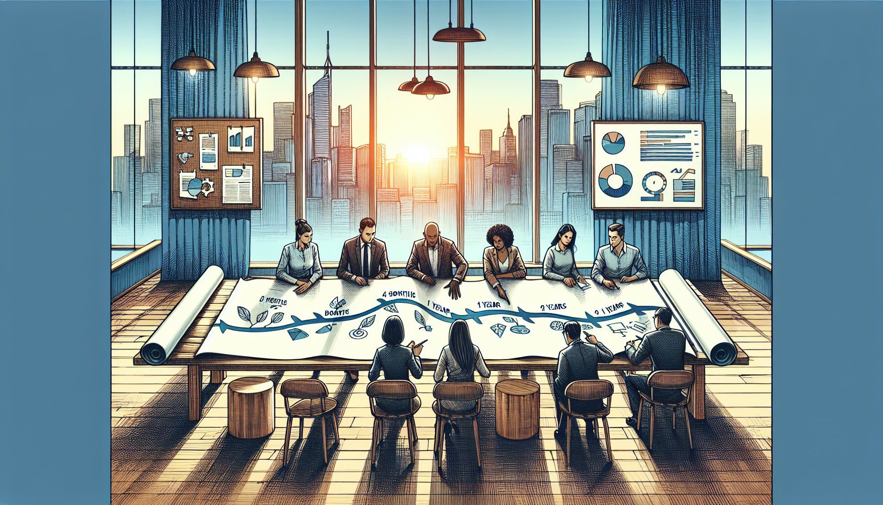 オウンドメディア立ち上げの長期ロードマップをチームで点検し継続条件を話し合うオフィス風景