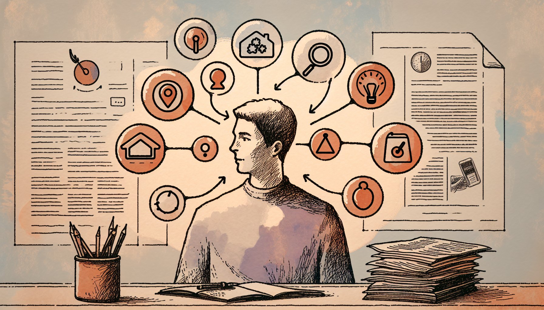 検索ニーズと内容が噛み合わず記事 集客 できない 理由を象徴する机上イラスト