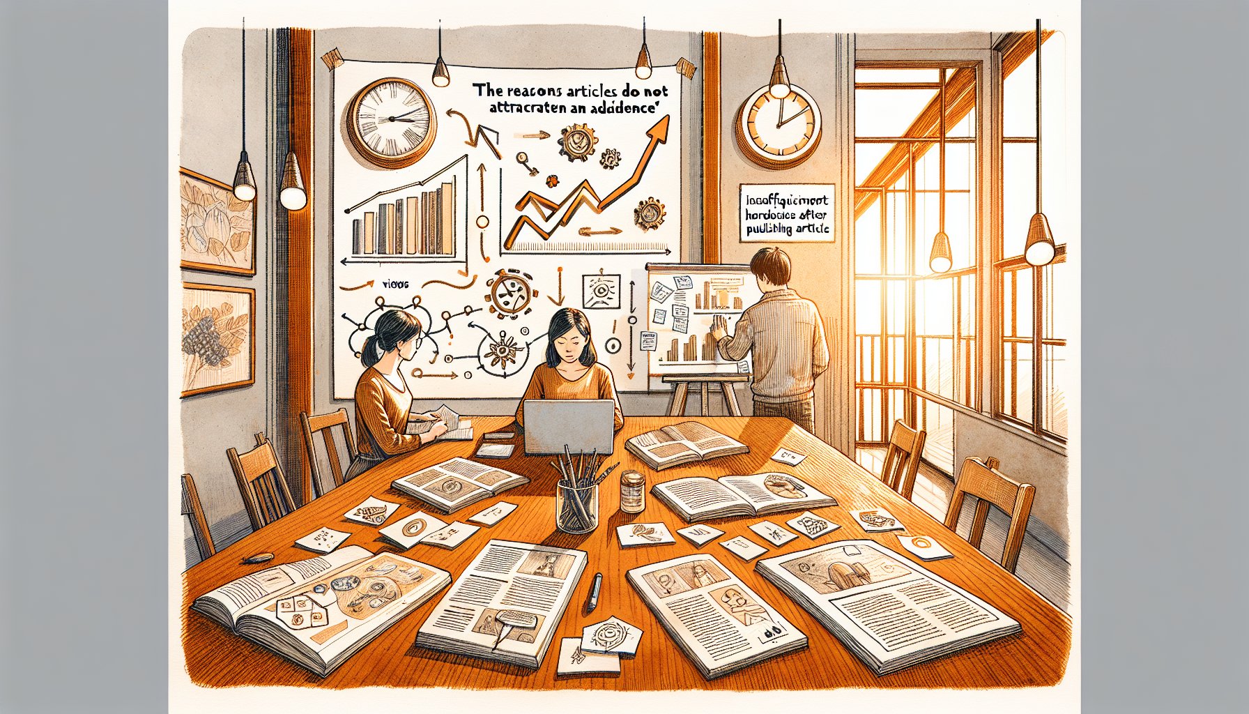 計測と仮説検証が不足し記事 集客 できない 理由を象徴的に示すワークスペースイラスト