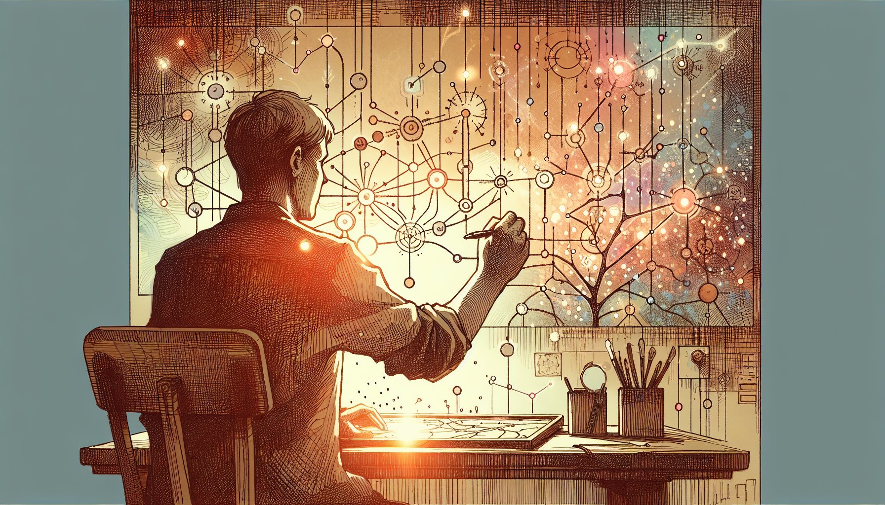 デスクで地図状の画面を整理する人物と光る経路、XML Sitemap & Google News 設定の概念表現