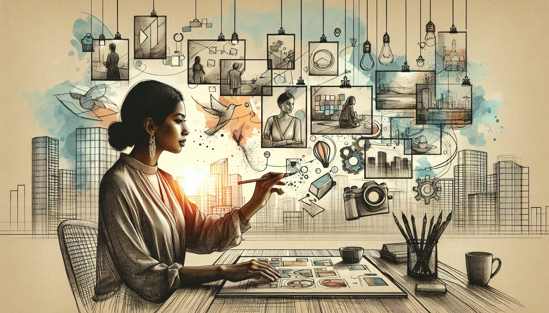 ビジネス視点でのDALL-E 3 使い方、戦略的なプロンプト設計と創造性のバランスを描くイラスト