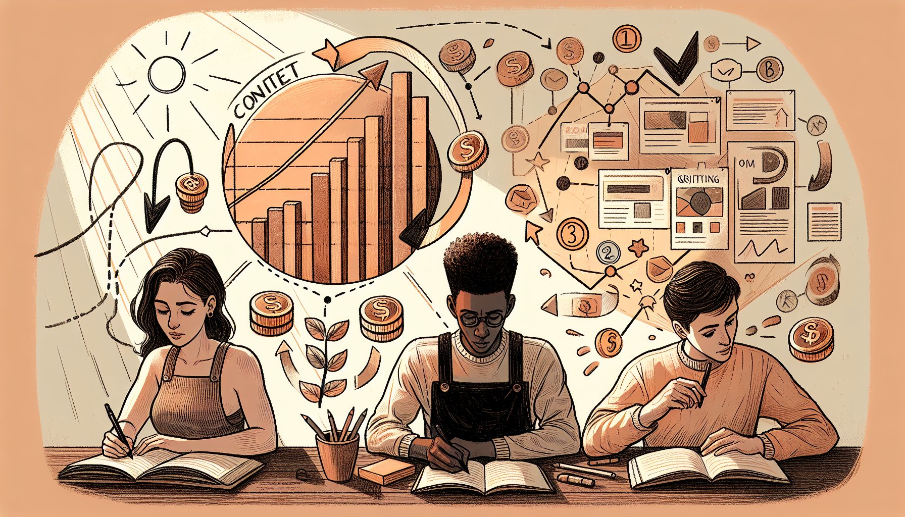 ブログ 収益化 期間の全体像を示す手描きイラスト、執筆から集客、最適化までの流れ