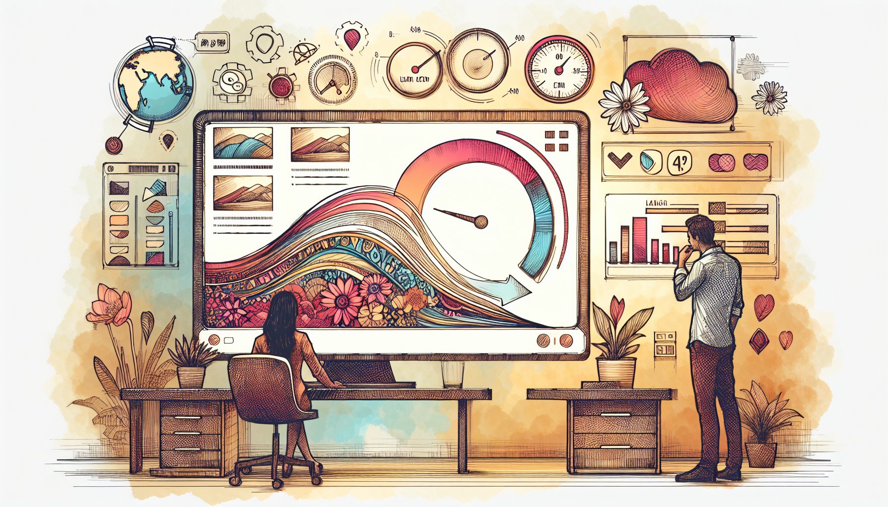 WordPress 画像 スライダー プラグイン設定画面を前に、表示品質と表示速度のバランスを検討する担当者