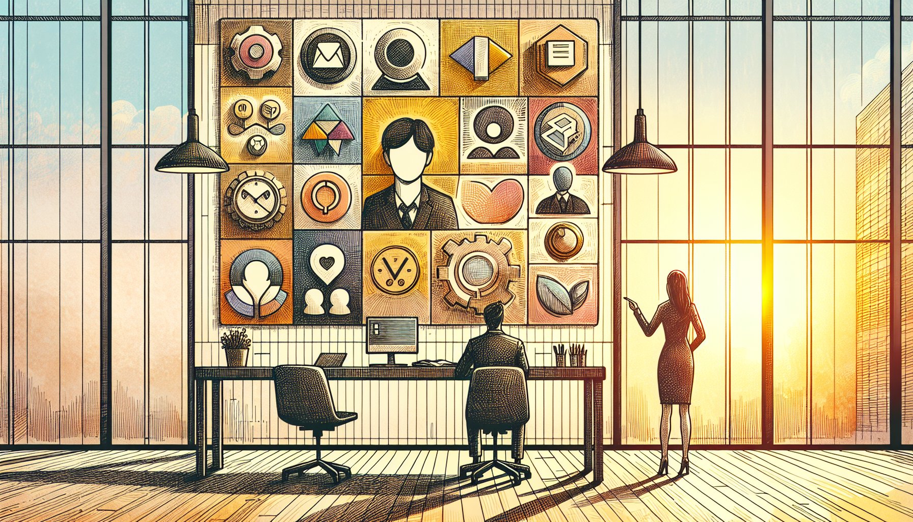 AI アイコン 作成の種類と使い分けを示す落ち着いたワークスペースイラスト