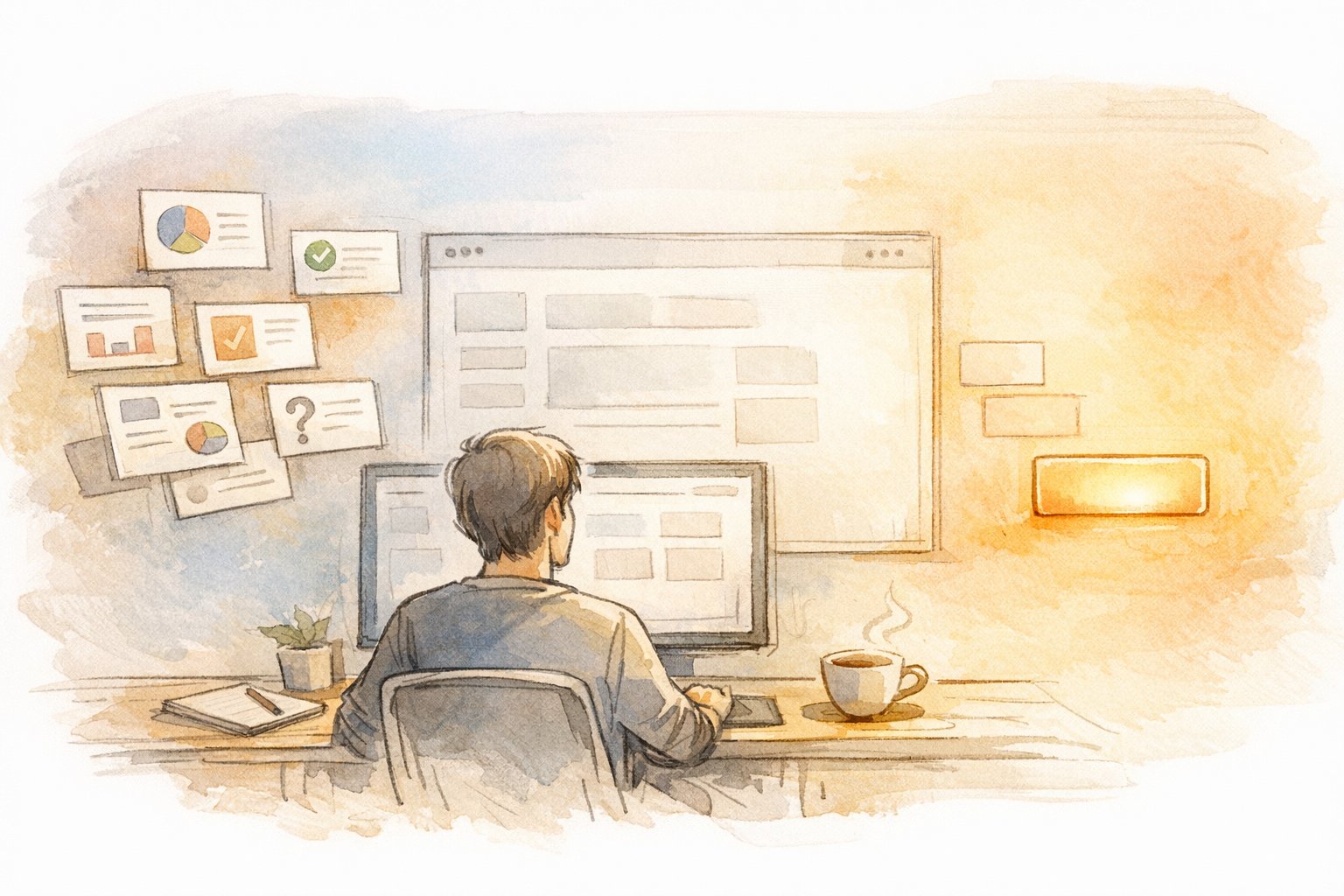 CVR 上げる ライティングの考え方を示す、穏やかな説明からCTA決定までの手描きイラスト