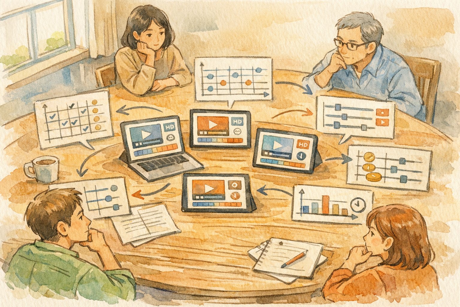 木製テーブルを囲み動画生成 AI 比較を行うビジネスチームの打ち合わせシーン