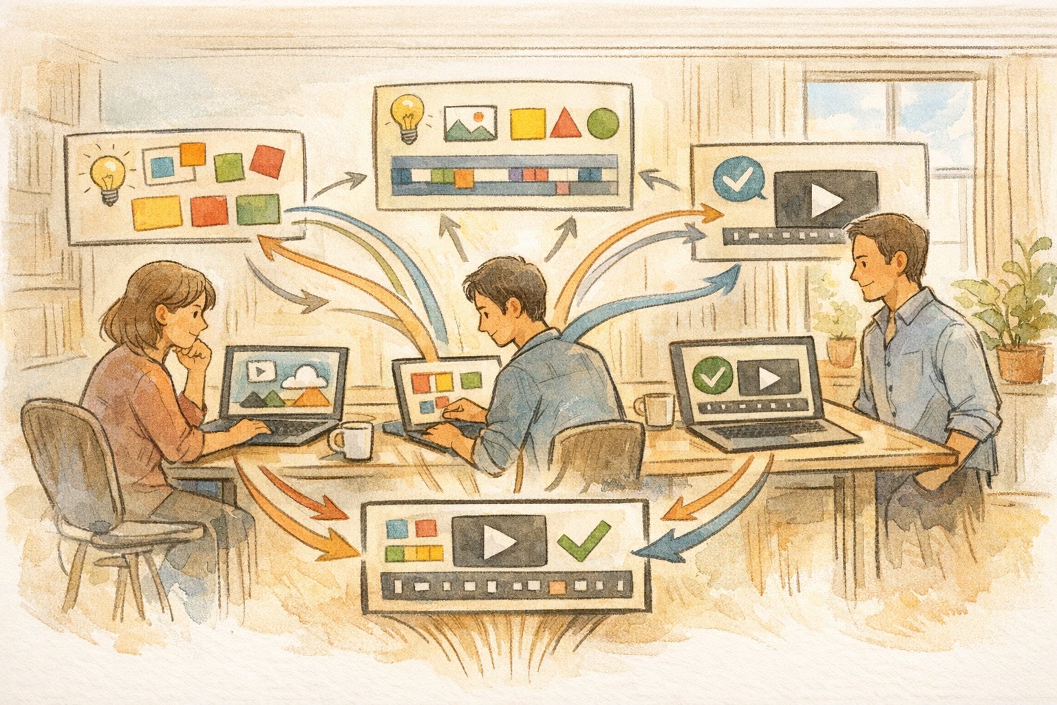 動画生成 AI 比較でチームの役割分担と業務フロー統合をイメージしたイラスト