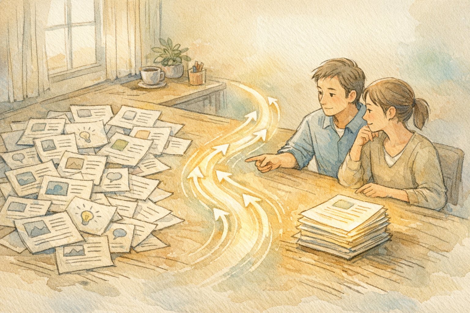 散らばった記事から候補を選び道筋を整理する様子を描いた、記事 LP化の概念イラスト