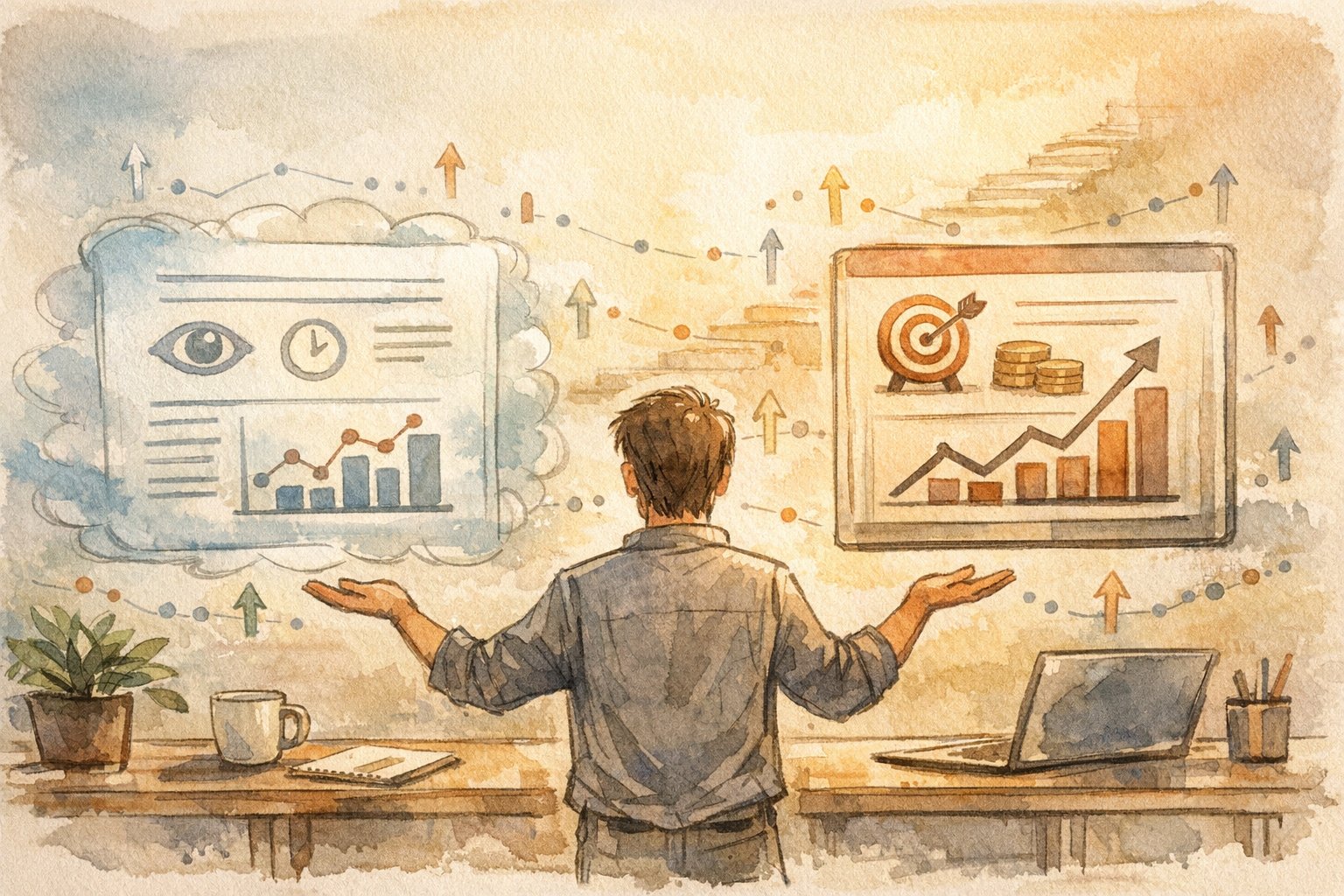 記事 LP化によるブログ記事とLPの指標比較を俯瞰し、成果と長期成長を測るイラスト