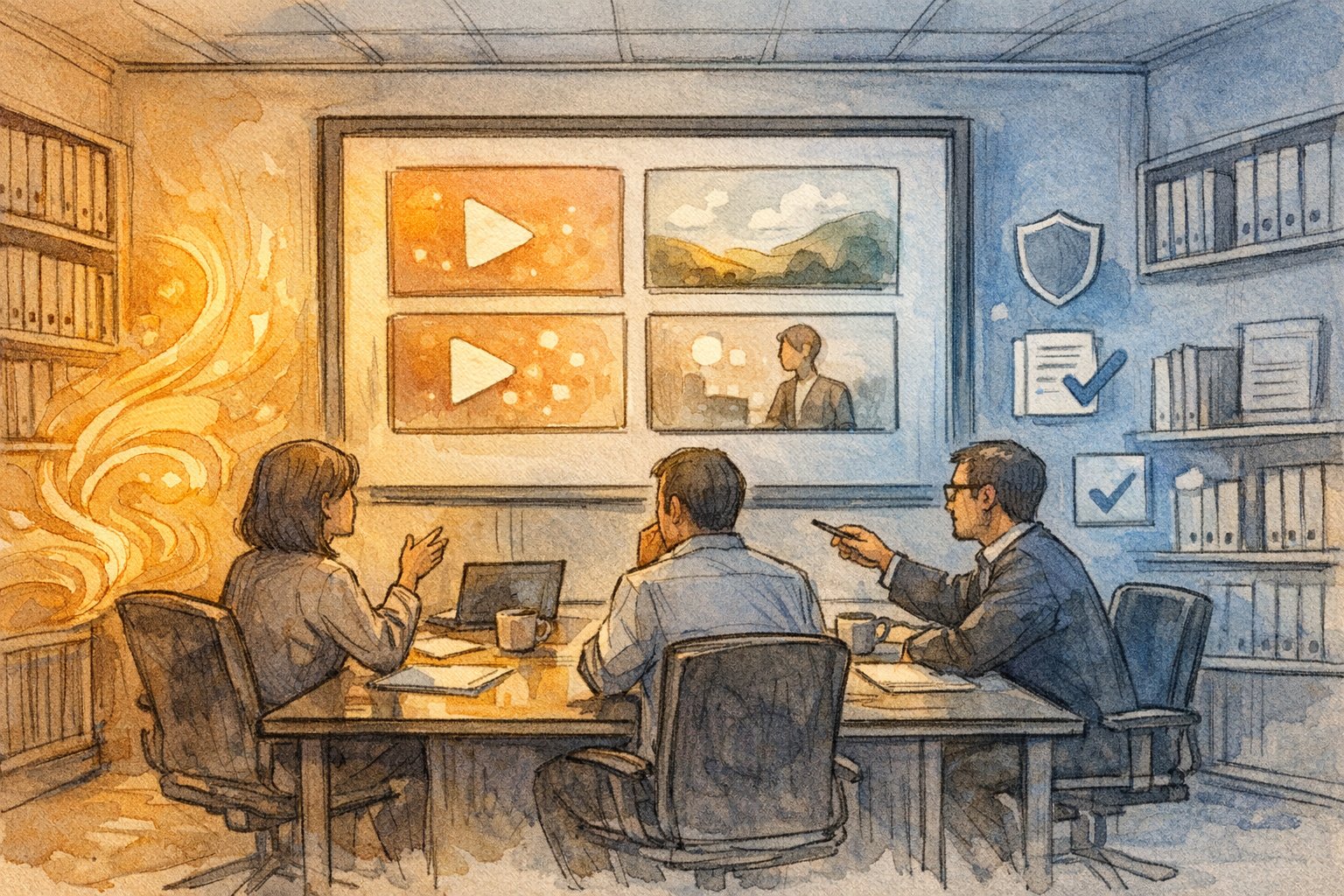 Sora AI いつからを検討する会議室で、創造性と法的リスクのバランスを議論する担当者たち