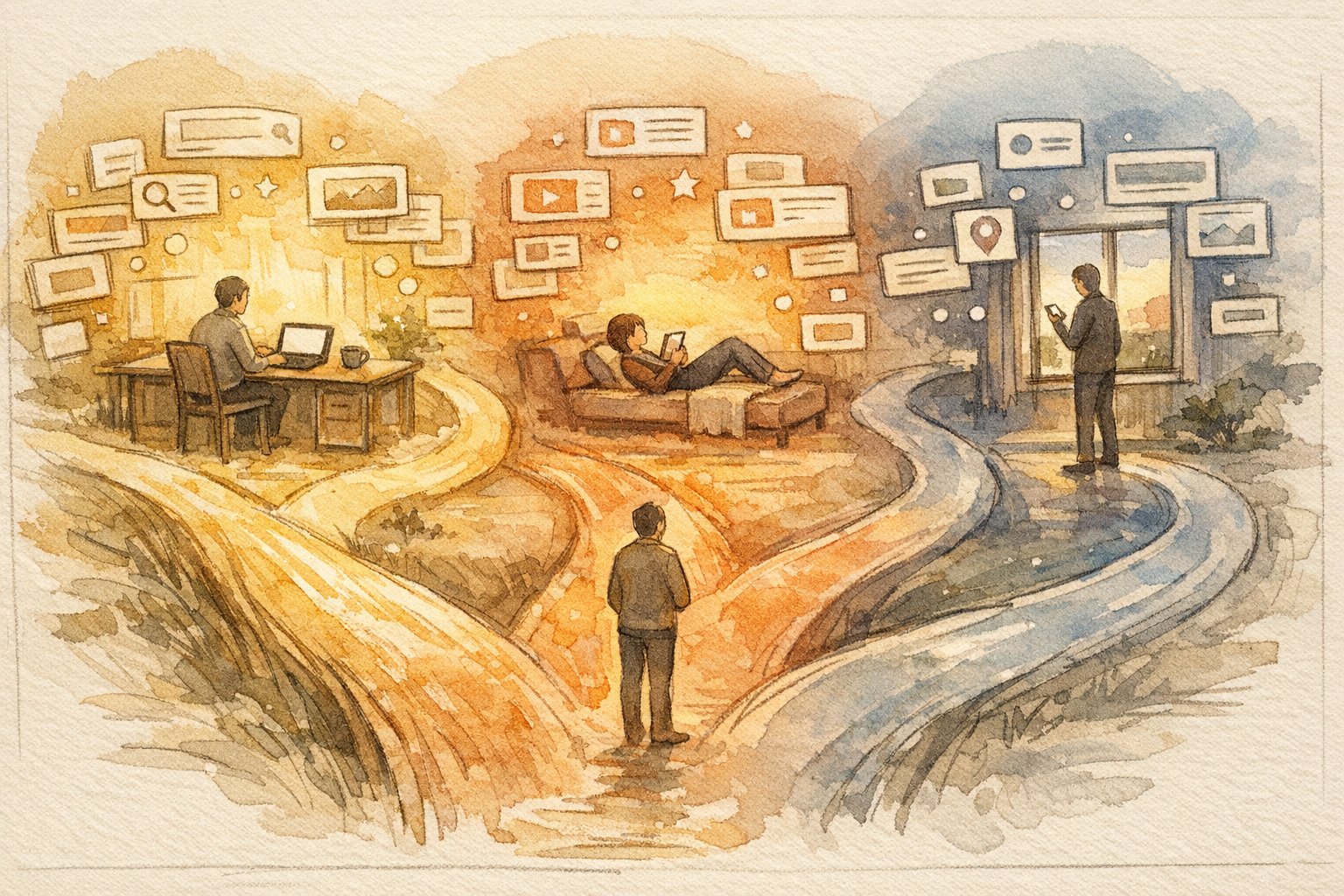 分岐する道と異なる接点に立つ人々を描き、カスタマージャーニー SEOの文脈でコンテンツと検索のずれを示すイラスト