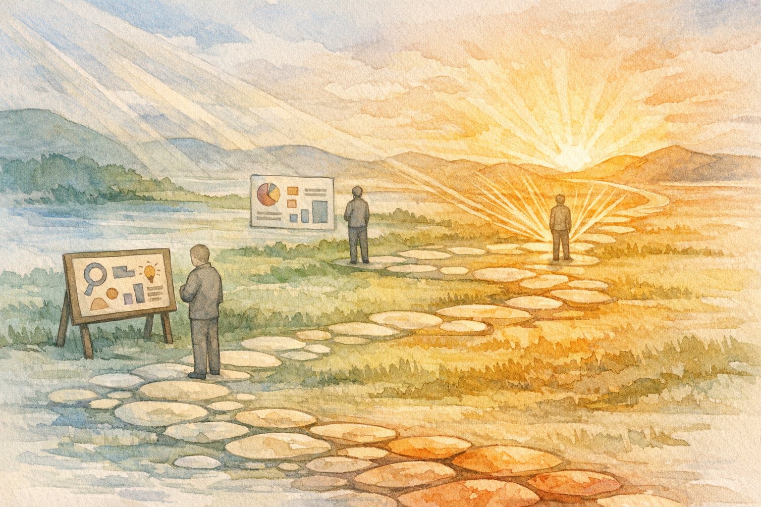 カスタマージャーニー SEOの長期的効果を象徴する道筋と評価プロセスのイラスト