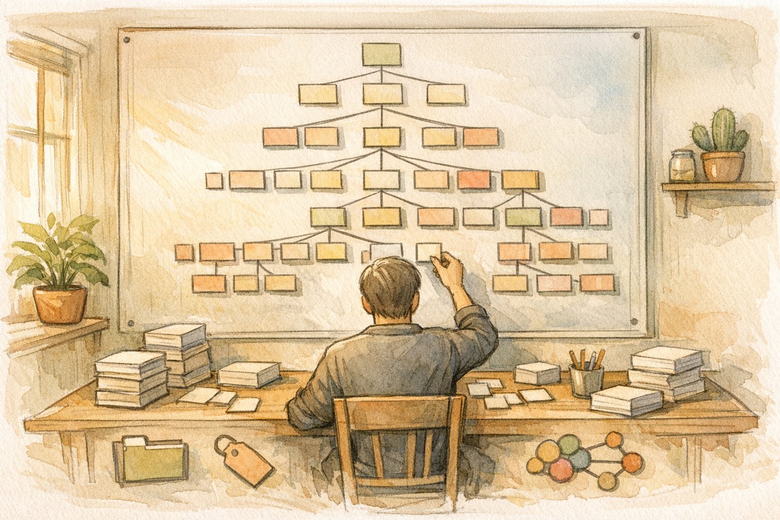 タクソノミー設定で情報構造を整理する様子を描いた、Custom Post Type UI 使い方の概念イラスト