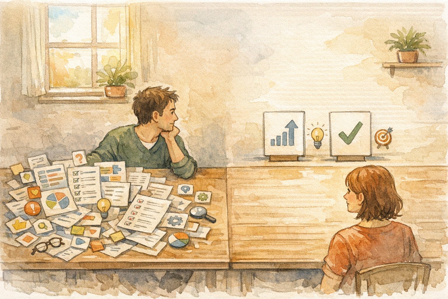 情報量の多さと判断のしやすさを対比しながら、比較記事 書き方のつまずきを象徴的に描いたイラスト