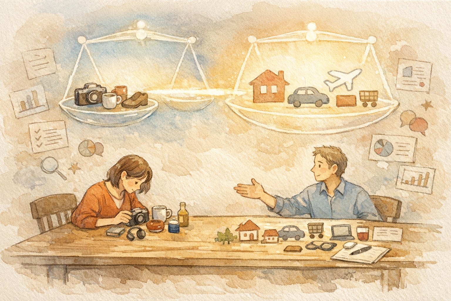 体験ベースの評価と客観比較のバランスを整理する比較記事 書き方の概念イラスト